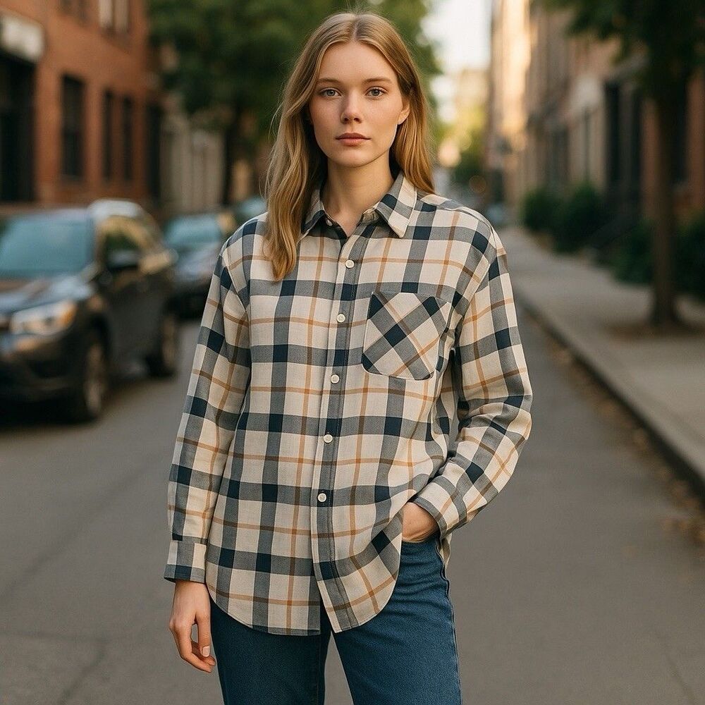 Sanctuary Plaid Long Sleeve Womens Blouse Button Up Classic College Large